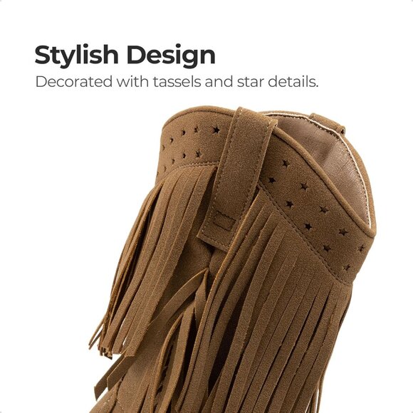 ⚡Girls Brown Cowgirl Boot Tassel Fringe Kids Western Boots Stylish & Comfortable - Picture 3 of 6
